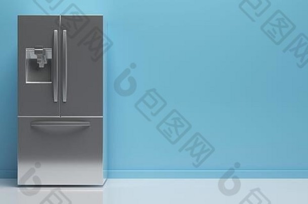 冰箱，冰箱。家用电器，白色地板上的金属银并排冰箱，蓝色墙壁背景，厨房内部视图，复印空间。3.