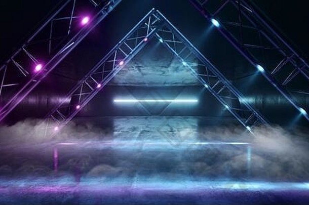烟霓虹灯三角形激光门网络未来主义的sci蓝色的紫色的发光的灯行建设阶段科克雷特隧道走廊虚拟现实