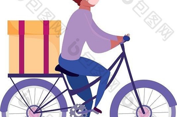 冠状病毒冠状病毒19型期间在家安全运送，带口罩的快递员骑自行车，带盒状媒介插图