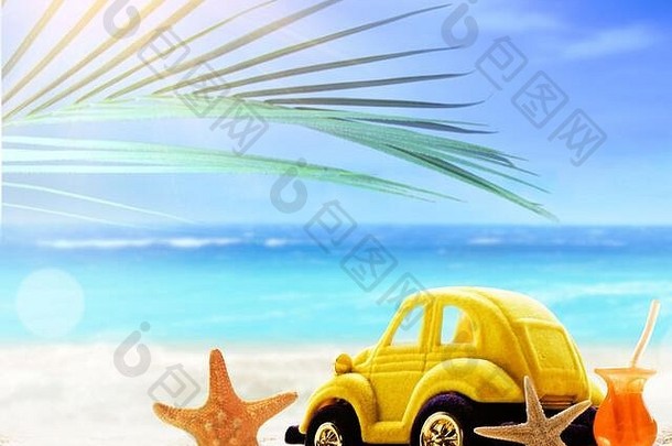 利沃夫ukraine-june夏天海滩海星利特尔玩具车鸡尾酒白色沙子热带棕榈叶