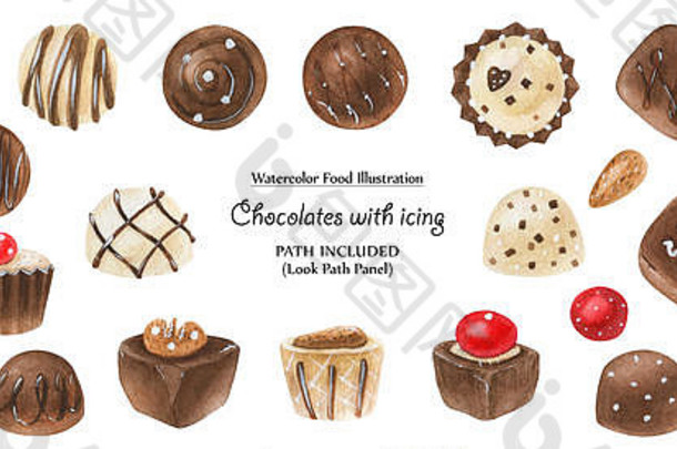 水彩食物插图巧克力糖果装饰白色糖衣孤立的剪裁路径包括