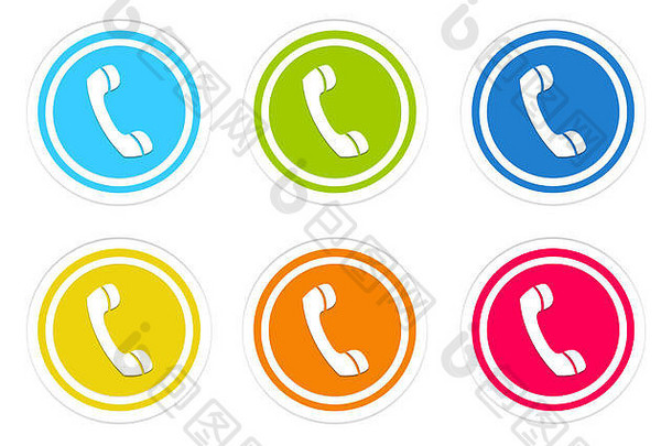 彩色圆形按钮，带有蓝色、绿色、黄色、橙色和红色的手机符号