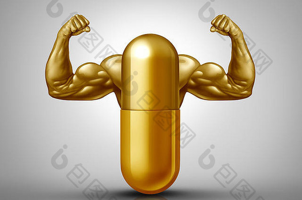 强力维生素补充剂和运动营养丸是一种天然的健美或健身营养胶囊，内有肌肉二头肌。