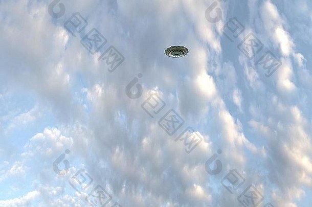 天空中乌云密布，<strong>飞碟</strong>在运动。漂亮的3D渲染