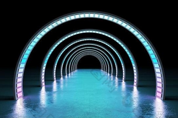 摘要最小的背景发光的西尔克尔行隧道霓虹灯灯渲染