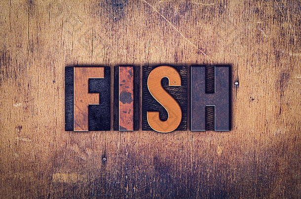 “鱼”这个词是在一个陈旧的木制背景上用肮脏的复古活版印刷字体写的。
