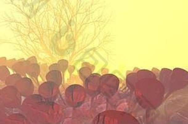山雾雾摘要草地场完整的奇怪的植被形式酒眼镜基斯明亮的太阳神射线孤独的树叶子不寻常的插图旅行野营概念