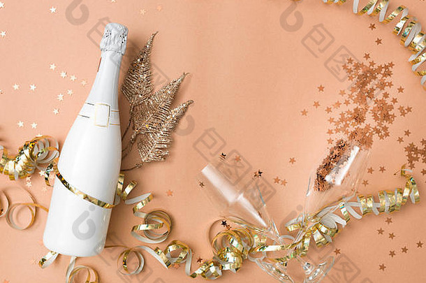 一年背景瓶香槟青铜黄金棕色（的）背景一年的夏娃项目