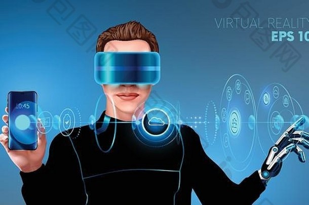 一个穿着网络服的年轻人戴着虚拟现实耳机，触摸着虚拟全息界面。虚拟现实技术在smar中的应用