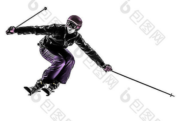 女人滑雪滑雪突破轮廓白色背景