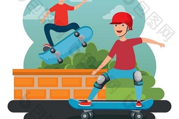 男孩们在公园里戴着头盔练习滑板