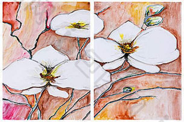 四幅画幅-盛开的樱桃树-孤立。白纸艺术背景上的手工水彩画插图