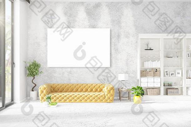 现代室内时尚黄色的沙发上垂直空框架Copyspace水平安排呈现