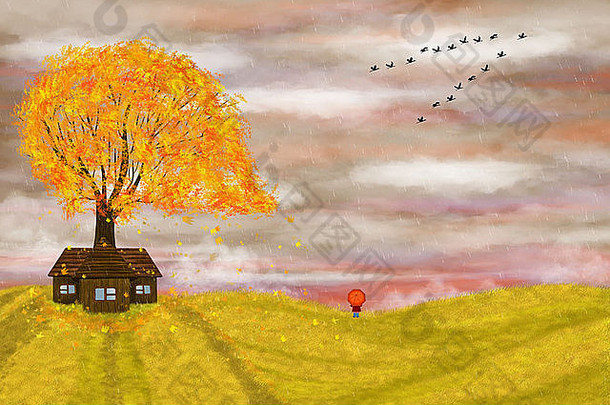 一个带伞的小女孩的秋天插画。黄色的树和雨中孤零零的房子。