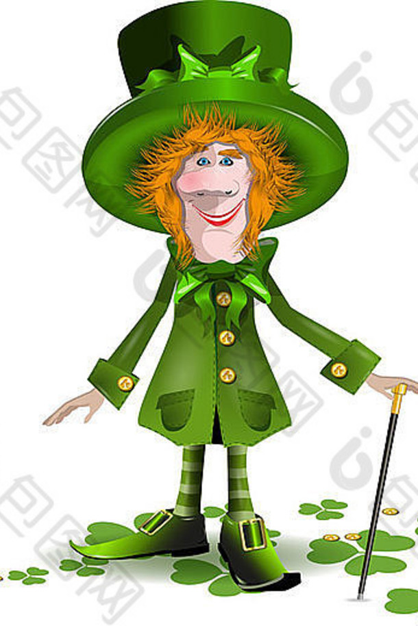 插图：戴着绿色帽子的快乐的圣帕特里克