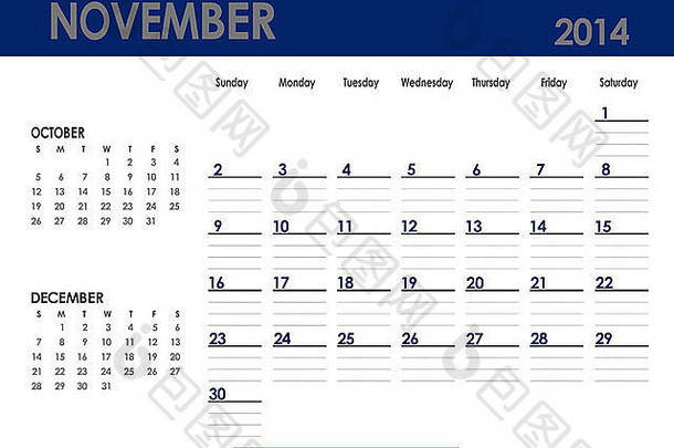 2014年11月的月历。星期天开始。上个月和下个月
