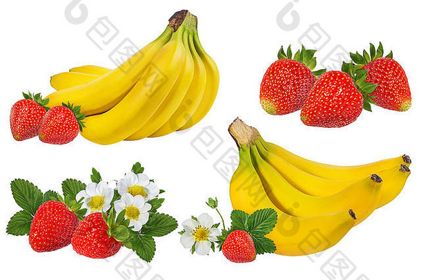 香蕉和草莓隔离在白色的地板上