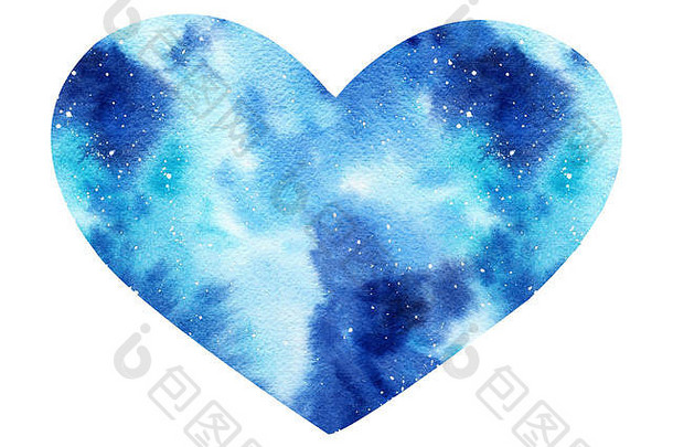 手绘水彩画银河系插图，在白色背景上形成一颗孤立的心。情人节礼物中的孤立物品