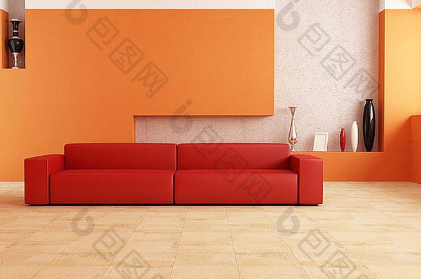 带有红色沙发的极简现代客厅-渲染