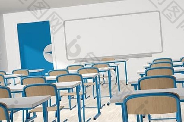 3D渲染-使用冠状病毒返回学校-教室