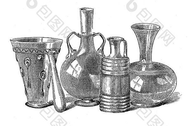 来自罗马时期的粘土器皿、各种水壶、一个饮水杯，左边第二个是一个小油膏瓶，德国，自19世纪1885年的木刻画