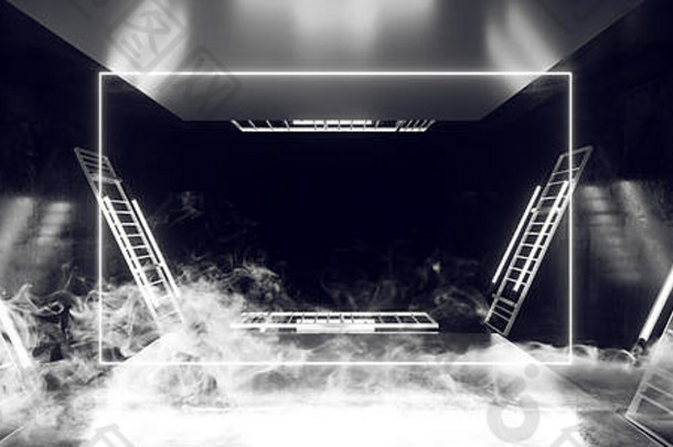 烟雾舞台建筑虚拟舞蹈矩形霓虹灯激光白色荧光科幻未来派复古灯管场景垃圾混凝土反射波