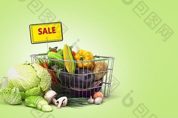 蔬菜水果食品篮新鲜食品销售概念绿色梯度3d渲染
