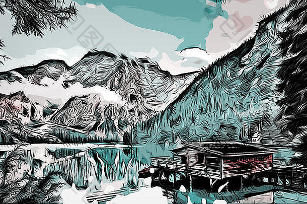 插图小屋湖阿拉斯加山夏季说明白天合适的书封面