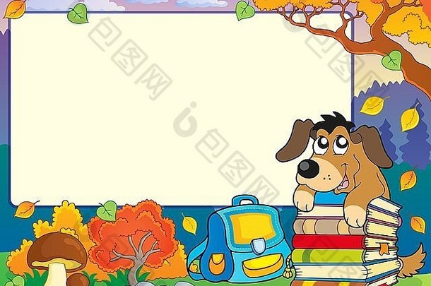 带狗和书的秋天框架-插图。