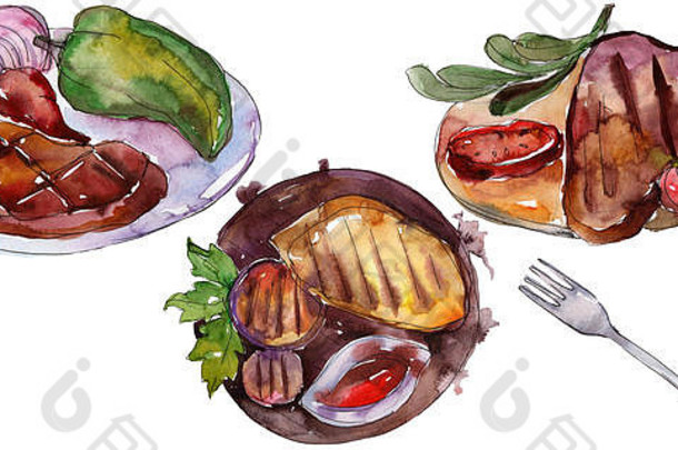 烤牛排美味的食物水彩背景插图集孤立的牛排插图元素