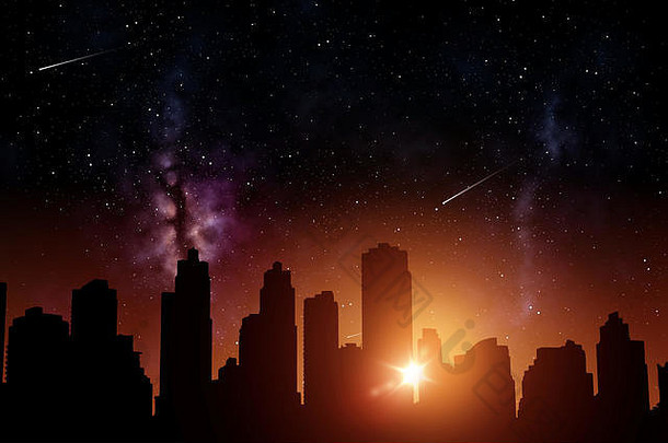 太空日出上方的未来城市摩天大楼