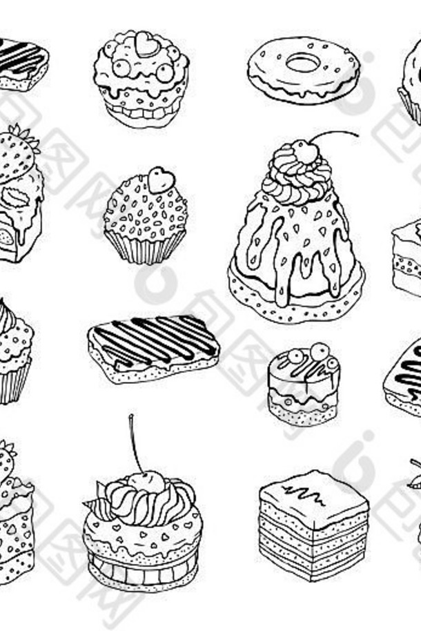 集可爱的蛋糕轮廓插图