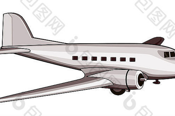 一架螺旋桨飞机DC3客机在飞行中飞行的图示