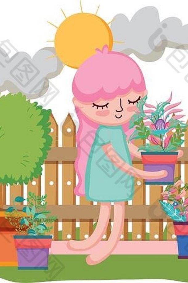 女孩在花园里用篱笆吊起室内植物