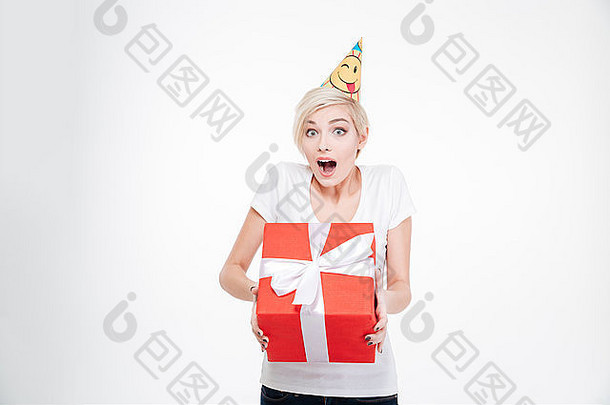 快乐的女人聚会，派对他持有礼物盒子孤立的白色背景