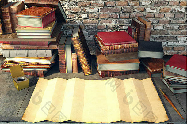 中世纪场景中书桌上的旧纸和古书，3D渲染