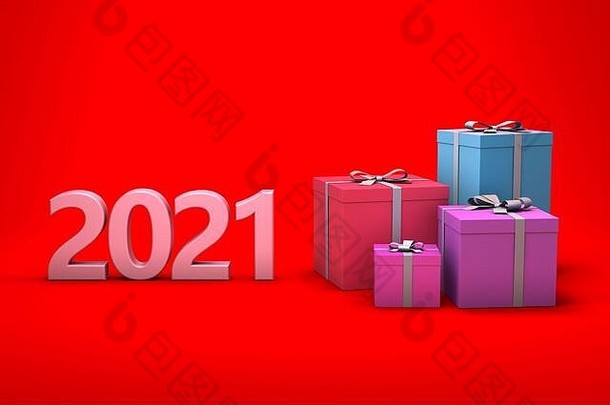新年2021创意设计概念与礼品盒- 3D渲染图像