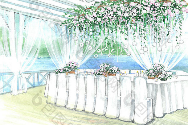 喜庆的室内装饰。阳台上的婚礼装饰。为客人准备的带吊灯的桌子。婚礼室内水彩素描。