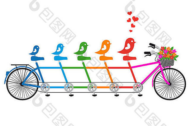 五颜六色的自行车，带鸟族、心形和花篮
