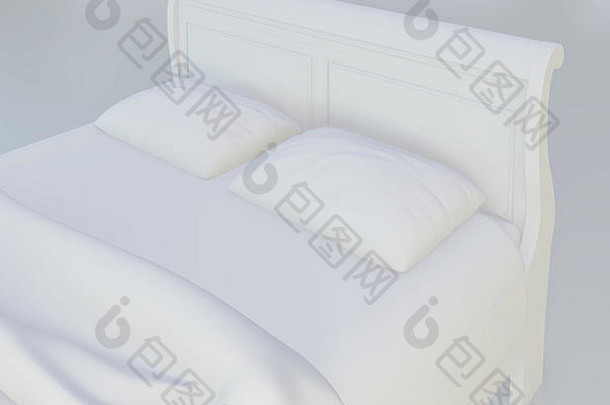 床上有柔软的白色枕头。三维渲染