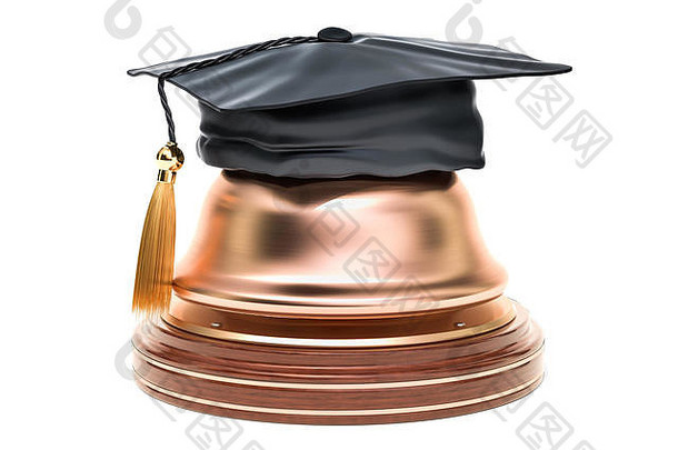 带毕业帽的接待铃。隔离在白色背景上的三维渲染