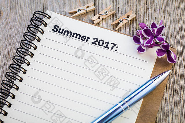 夏日沙滩包、野餐、野营、打包、旅行、行程单概念笔记本和木板