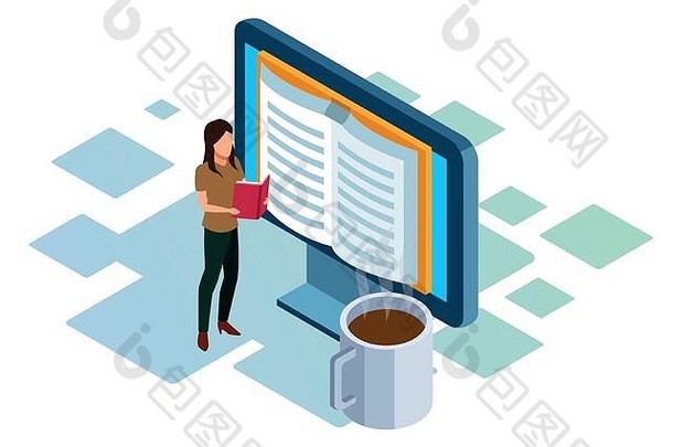 女人看书，大电脑和咖啡杯，五颜六色的设计
