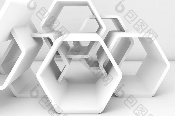 抽象混乱的白色蜂巢。计算机图形背景可用作壁纸图像。三维插图