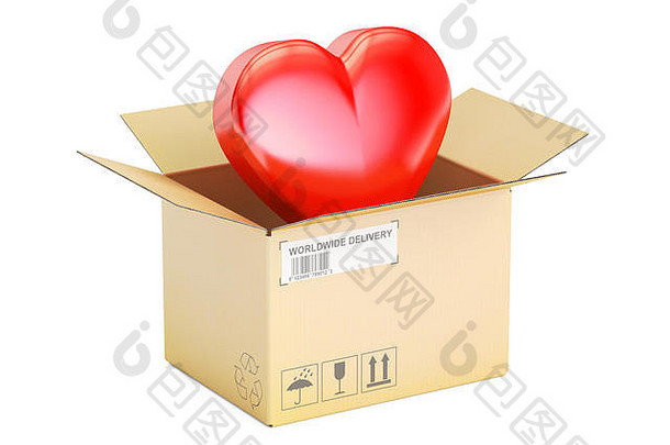 情人节的概念。红色心形纸板盒，在白色背景上隔离3D渲染