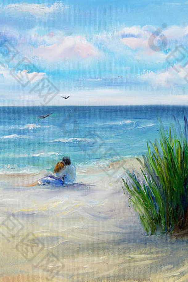 油画原作展示了一对相爱的情侣坐在沙滩上，在画布上眺望大海。现代印象派，