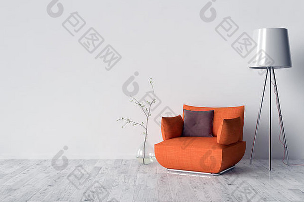地板上的拼花地板、椅子、室内灯和背景中的空白墙。三维插图