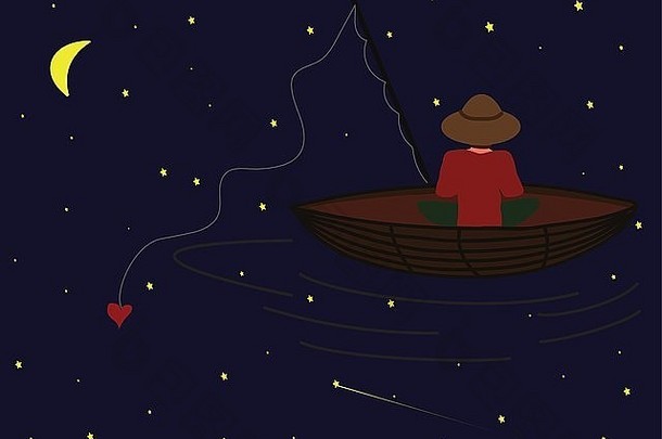 一个男孩希望在满天繁星的船上钓鱼