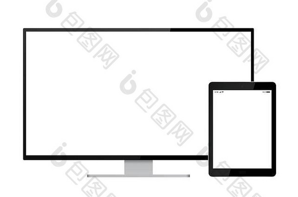 用于PC和平板电脑的黑色显示器的真实插图，带有连接图标和信号，带有白色触摸屏，隔离在白色背景上-ve