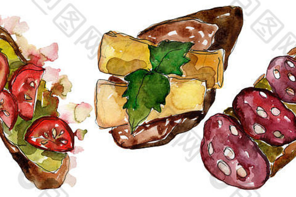 水彩画风格的三明治。白色背景上的水彩快餐插图元素。